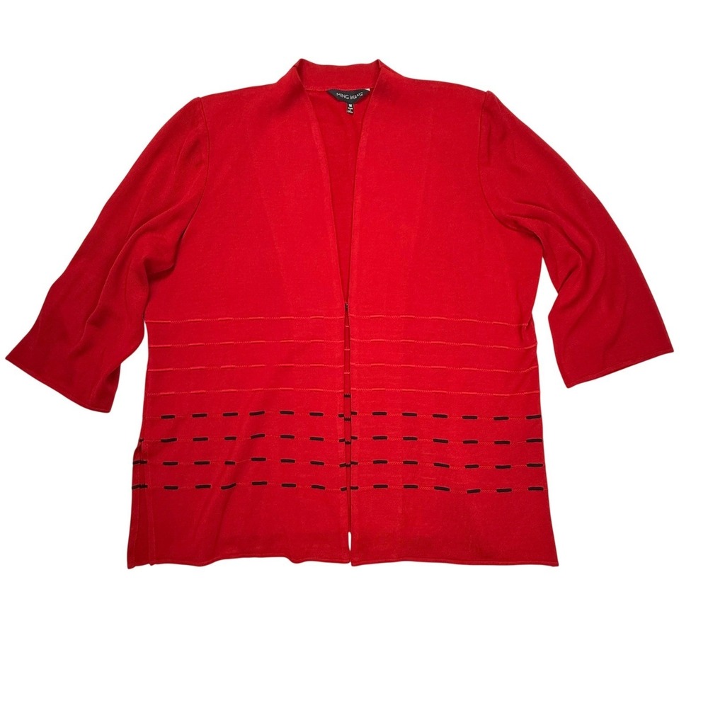 Ming Wang Red Knit Open Front Cardigan Jacket Black Dash Detail Womens Size 1X